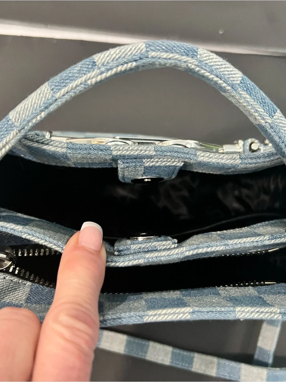 Rebecca Minkoff Light and Medium Blue Checker Denim Satchel - Picture 5 of 11
